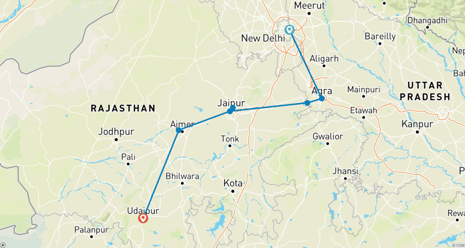 Mapa do percurso de De Deli: Tour Privado de 6 Dias pelo Triângulo Dourado e Udaipur