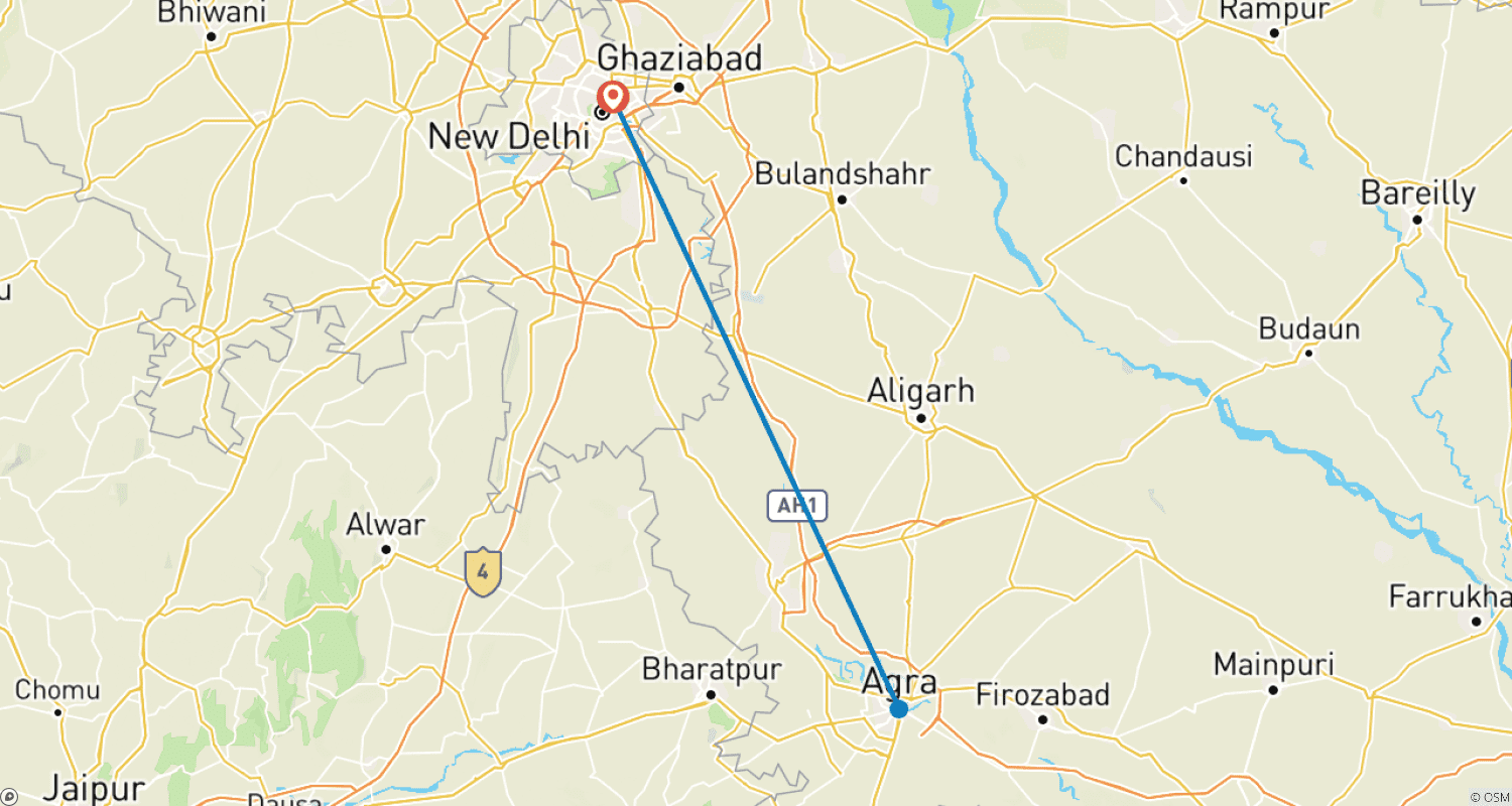 Mapa do percurso de Excursão de 3 Dias a Delhi e Taj Mahal com Nascer e Pôr do Sol