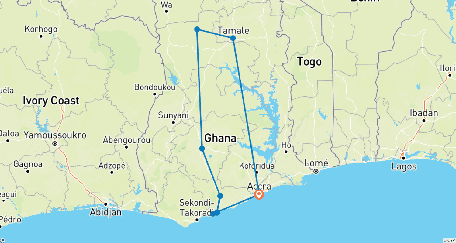 Mapa trasy: Wycieczka Emancipation Ghana 2025 (Festiwal Panafest)