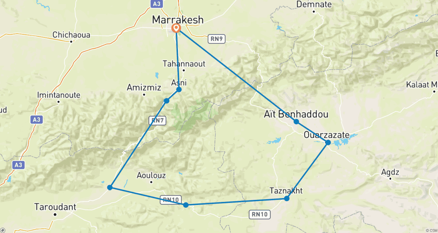 Mapa do percurso de Ouarzazate e Alto Atlas, Tour Privado