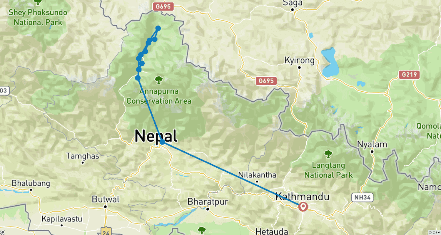Mapa do percurso de Trekking em Upper Mustang