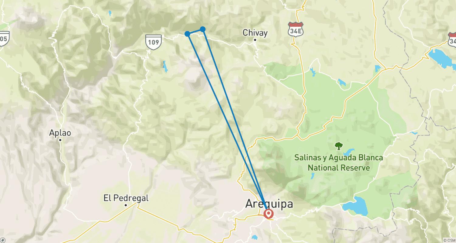 Mapa do percurso de Arequipa e Canhão do Colca