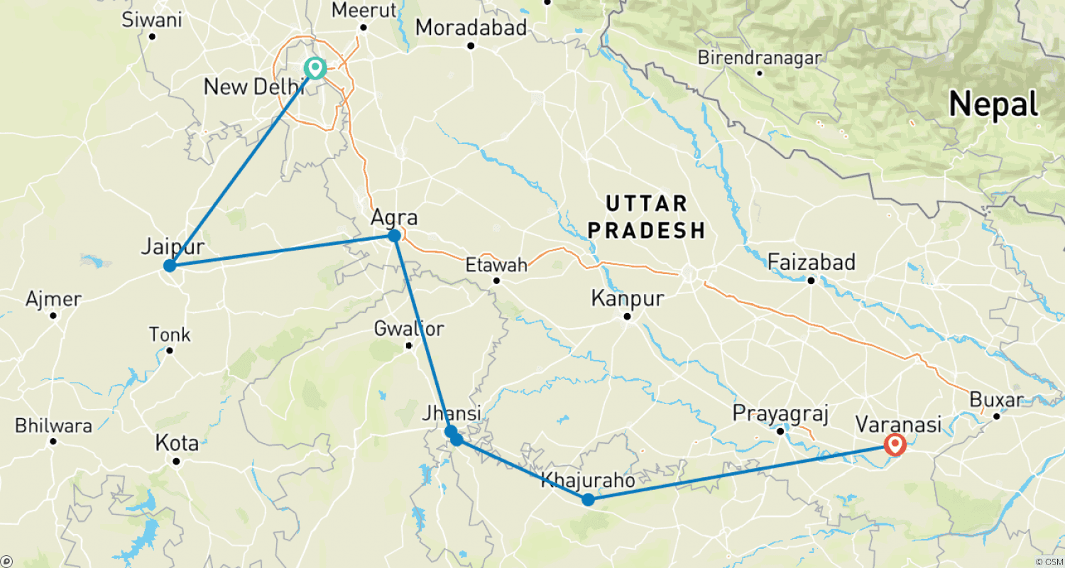 Mapa do percurso de Excursão Triângulo Dourado com Khajuraho e Varanasi - Explore a Herança, Templos e o Ganges da Índia