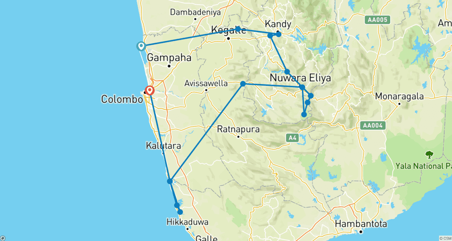 Mapa do percurso de Sri Lanka para Famílias - 10 Dias