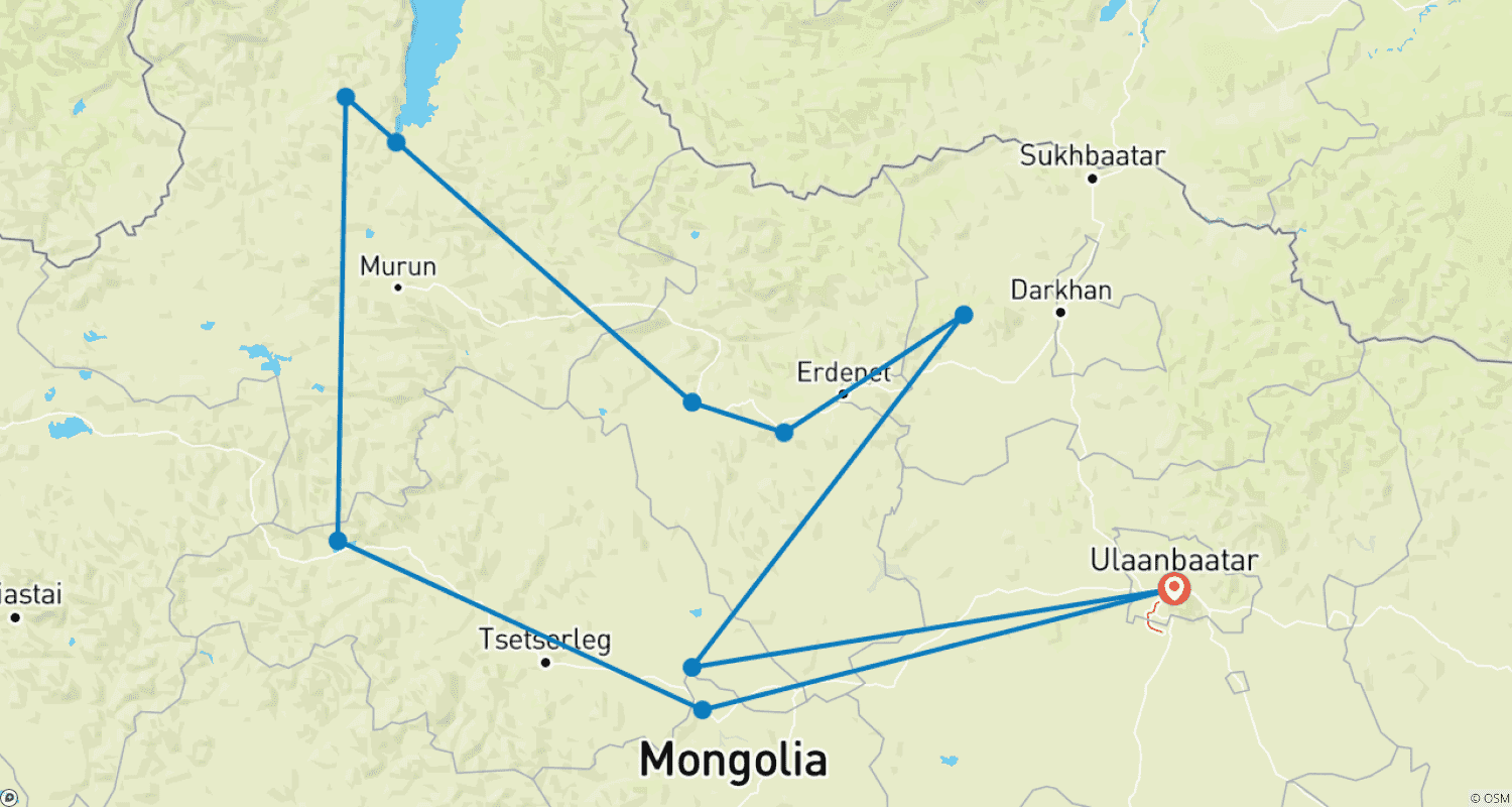 Mapa trasy: Wycieczka po najważniejszych miejscach w Mongolii