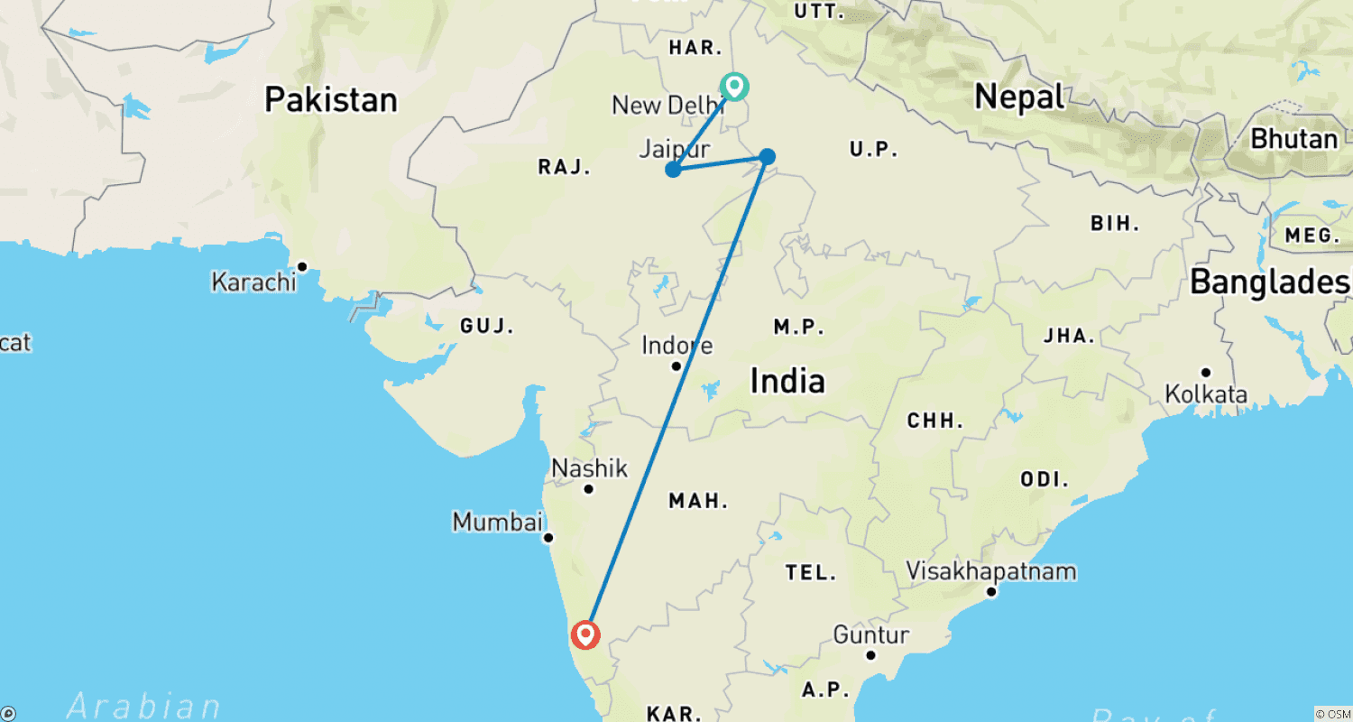 ゴールデントライアングルとゴアツアー:インド旅行に最適な10日間の旅程のルートマップ