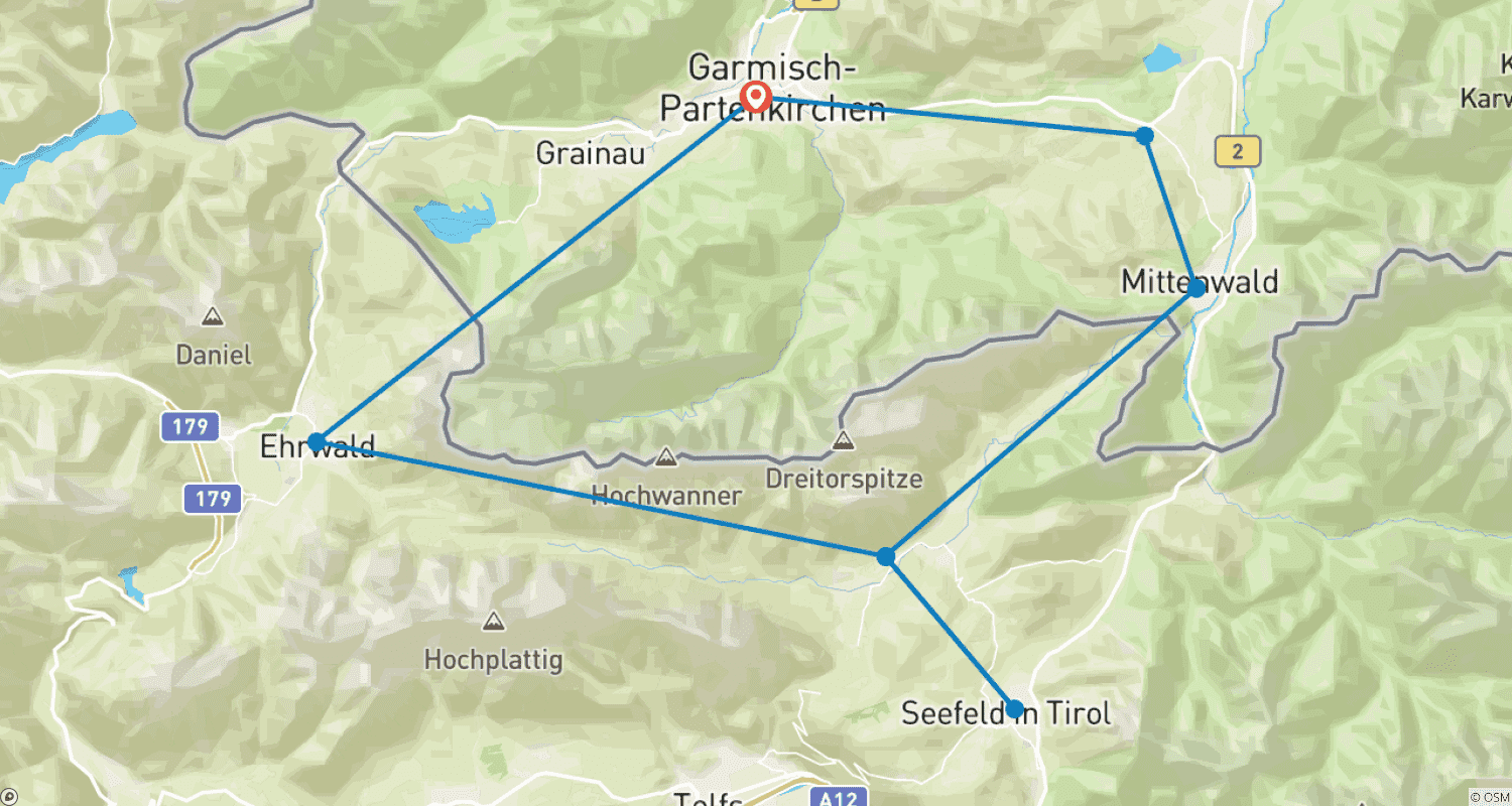Mapa do percurso de Caminhada pela Baviera e Tirol ao redor do Monte Zugspitze