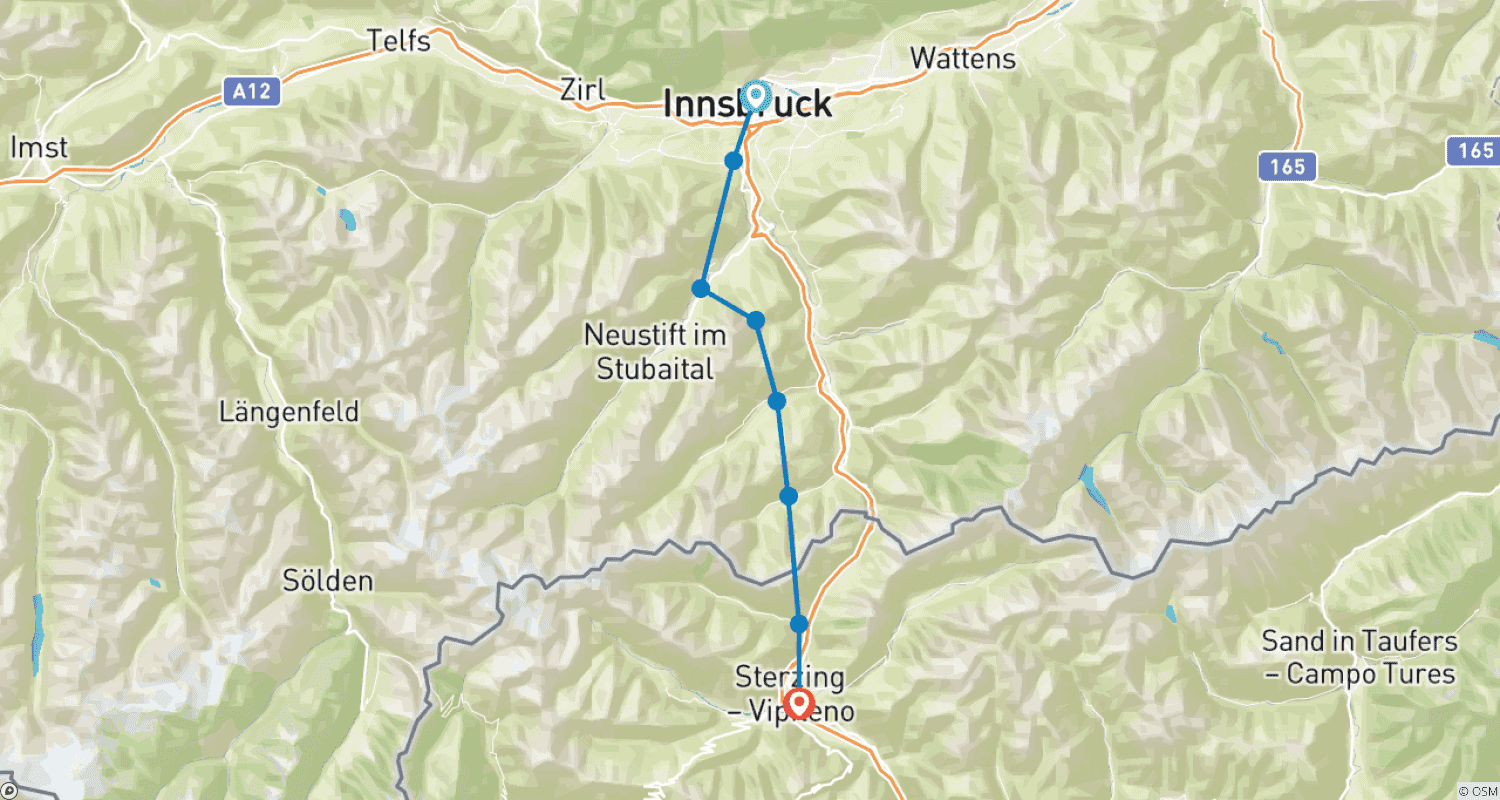 Mapa trasy: Trekking przez Alpy z Innsbrucka do Sterzing