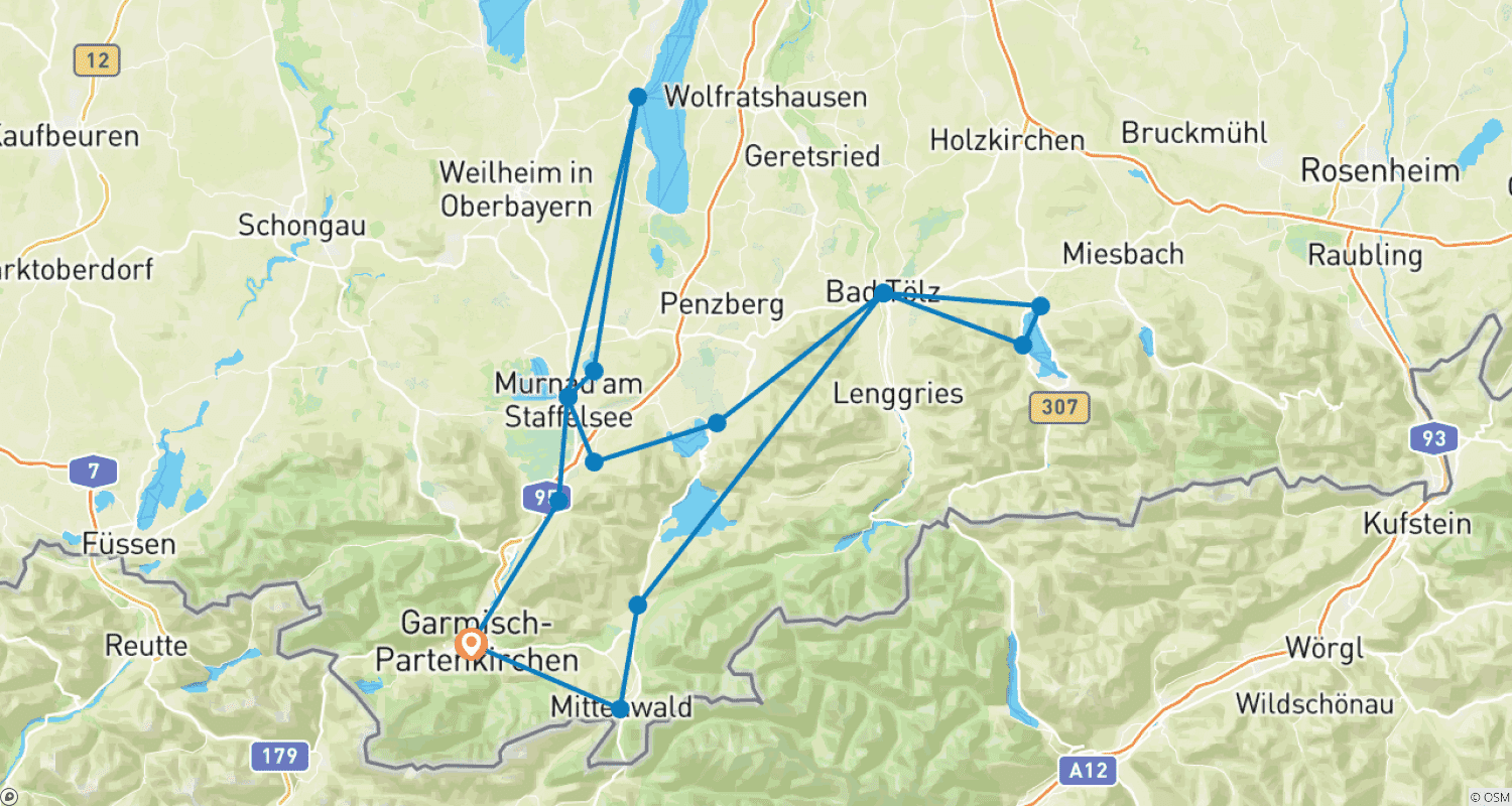 Mapa do percurso de Cicloturismo nos Lagos Bávaros