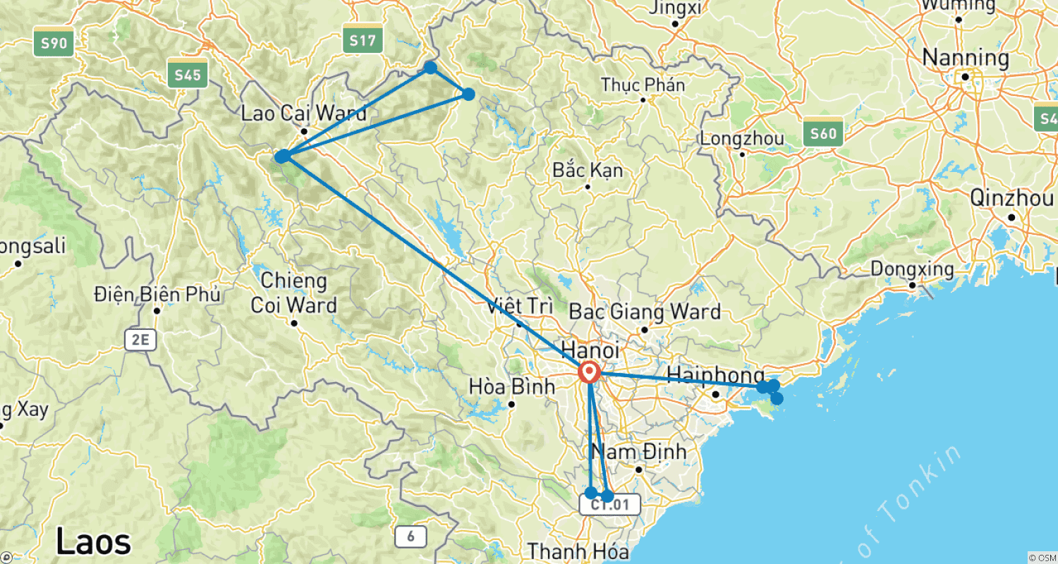 Mapa do percurso de Destaques de Hanói: 7 Dias e 6 Noites (Hanói - Sapa - Halong - Ninh Binh)