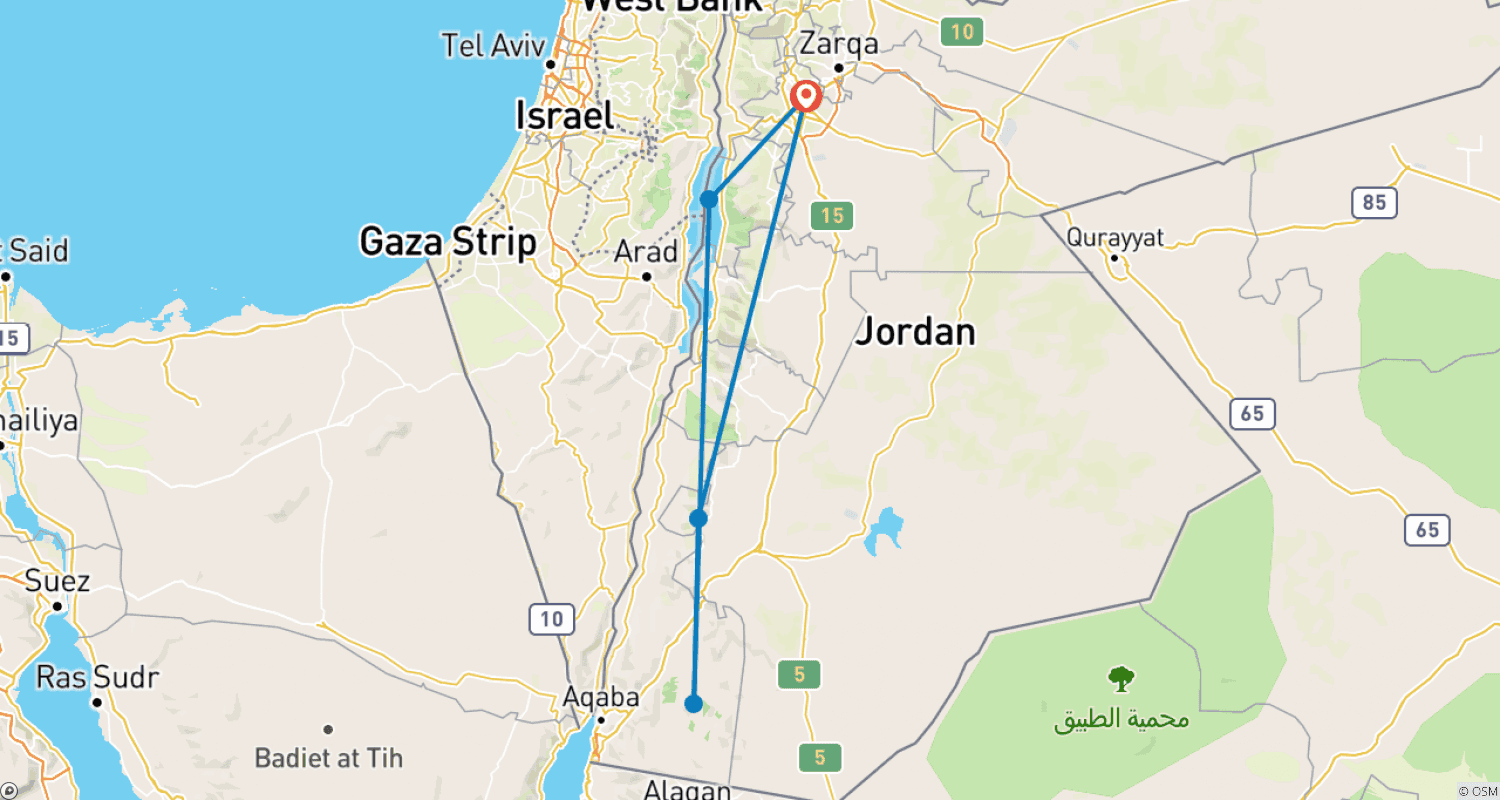 Mapa do percurso de Tour Privado de Dois Dias de Amã - Petra, Wadi Rum e Mar Morto