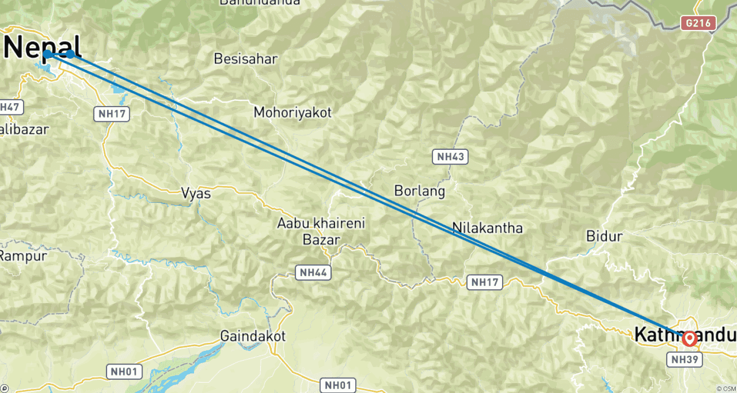 Mapa do percurso de Tour VIP no Nepal: Kathmandu & Pokhara – 6 Dias