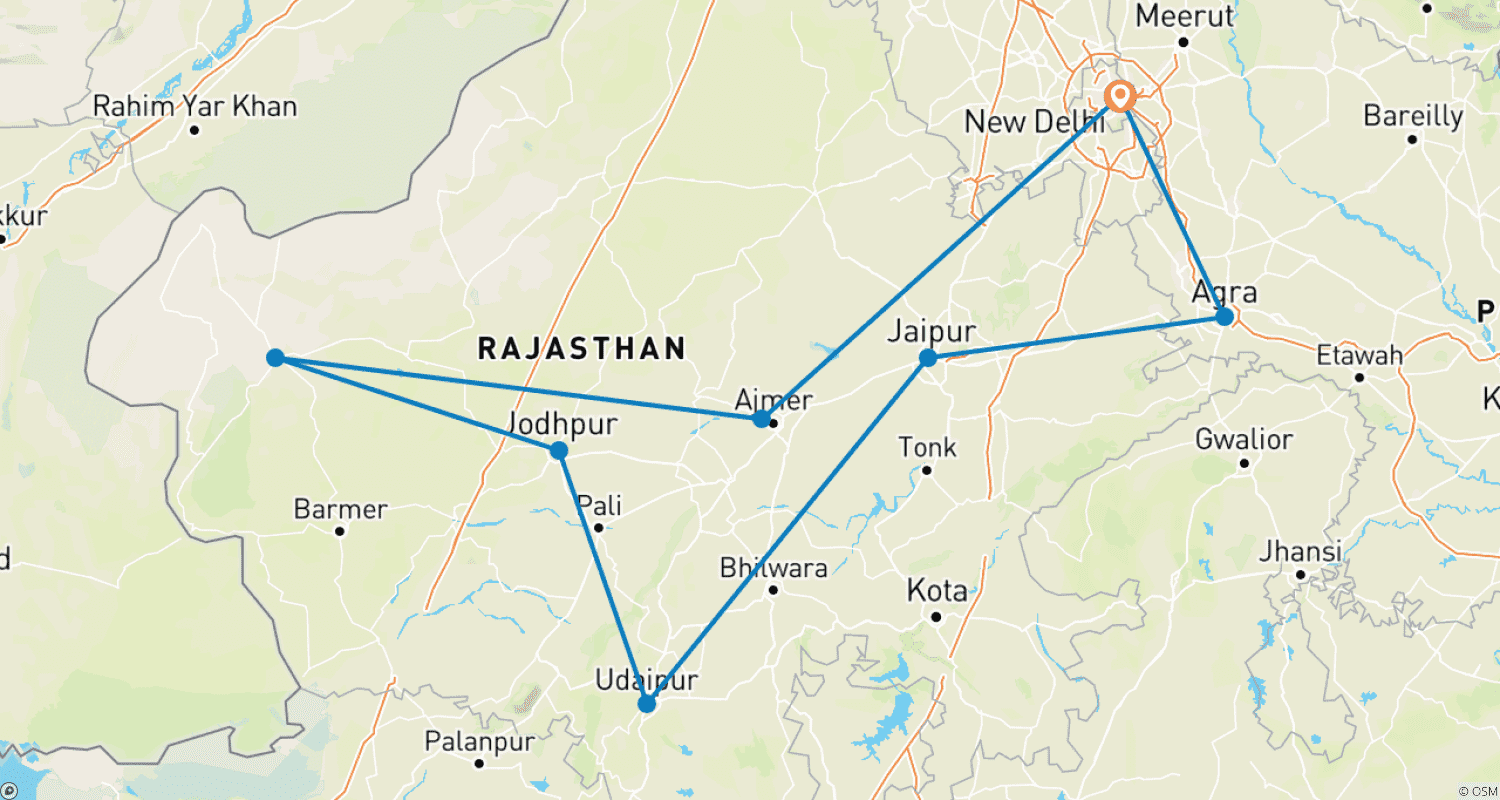 Mapa do percurso de Tour Privado de Luxo Triângulo Dourado de 12 Dias com Udaipur Jodhpur Jaisalmer Pushkar