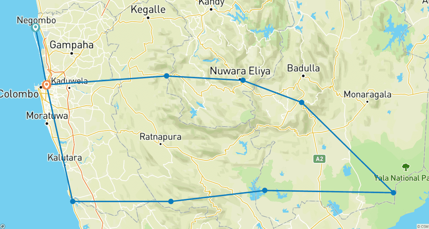 Mapa do percurso de Excursão de 8 Dias de Vida Selvagem e Aventura no Sri Lanka
