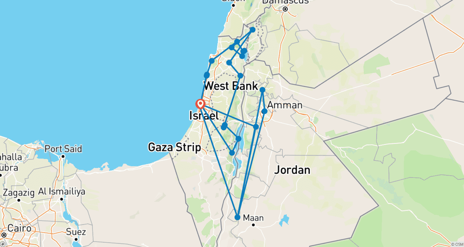 Mapa trasy: Najważniejsze atrakcje Izraela i Jordanii — 11 dni
