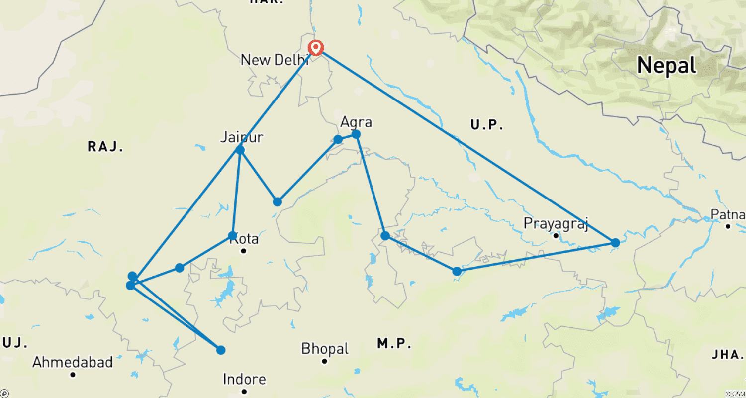 Mapa do percurso de Gloriosa Viagem pelo Rajastão com Ranthambore e Taj Mahal