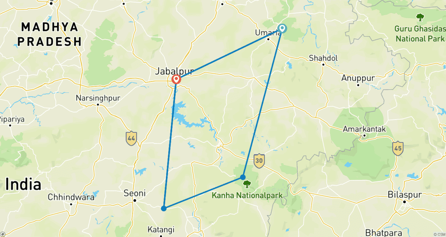 Madhya Pradesh野生動物サファリの旅のルートマップ