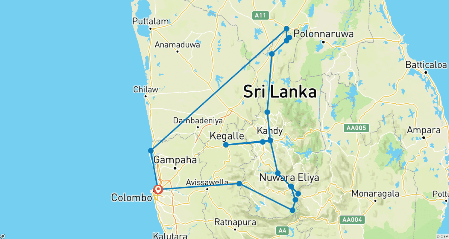 Mapa do percurso de Lua de Mel no Sri Lanka Um - 10 Dias