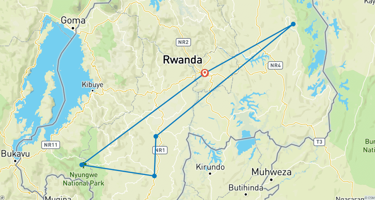 Mapa do percurso de 3 Dias Combinados: Parque Nacional de Nyungwe e Akagera