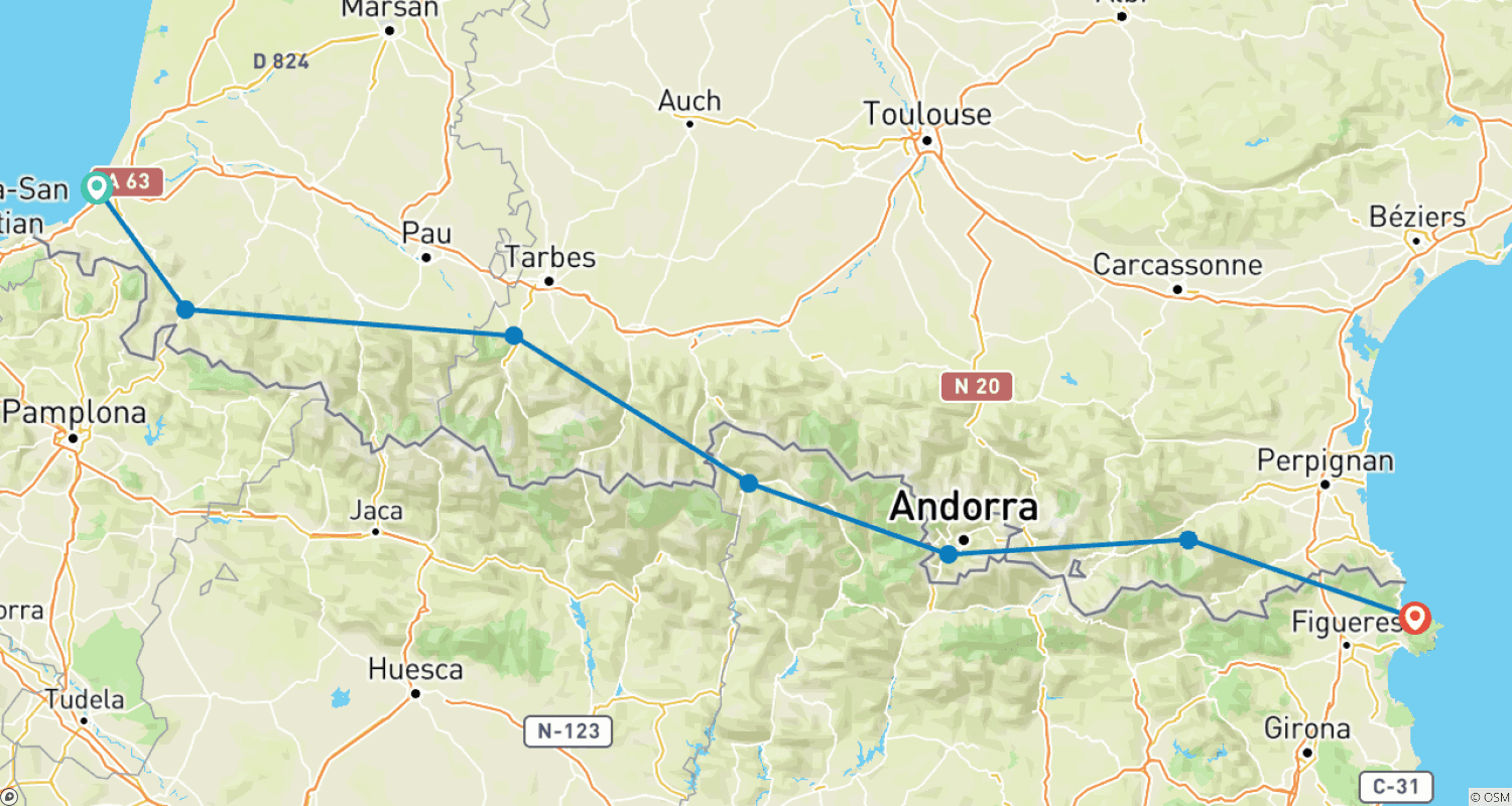 Mapa do percurso de Excursão Guiada de Moto pelos Pirenéus