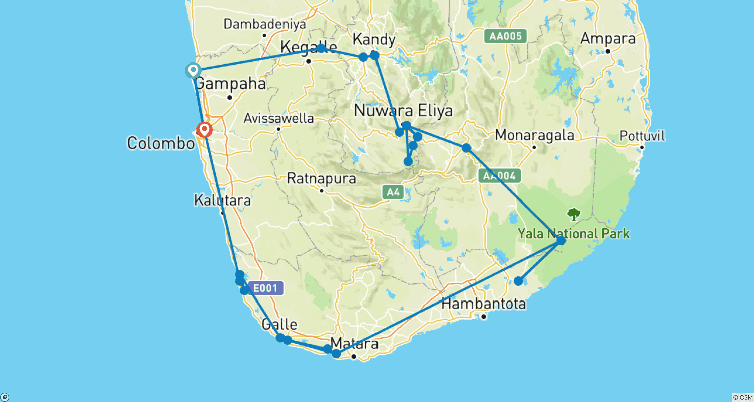 Mapa do percurso de Trilho de Trem no Sri Lanka para Amantes - 11 Dias