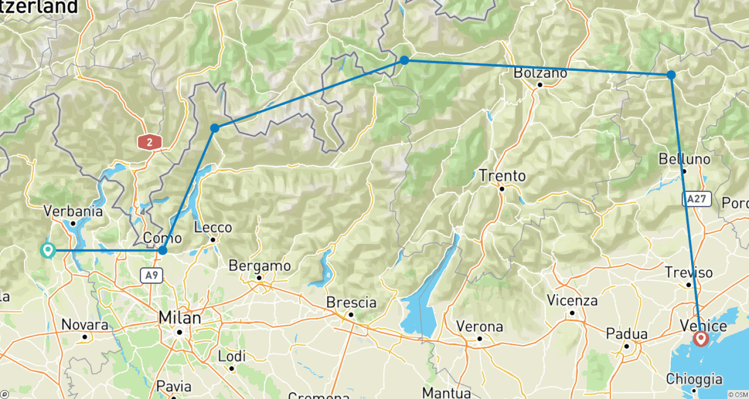 Mapa do percurso de Tour de motocicleta pelos lagos italianos e Dolomitas (Guiado)
