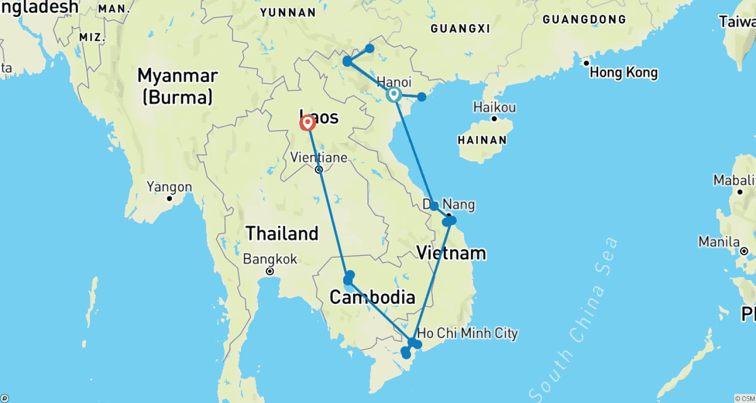 Mapa do percurso de O Melhor da Indochina em 21 Dias