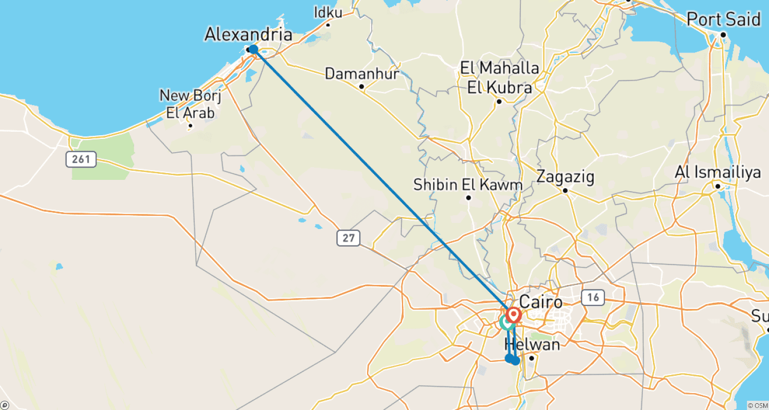 Mapa do percurso de Tour Econômico de 3 Dias em Gizé, Cairo e Alexandria