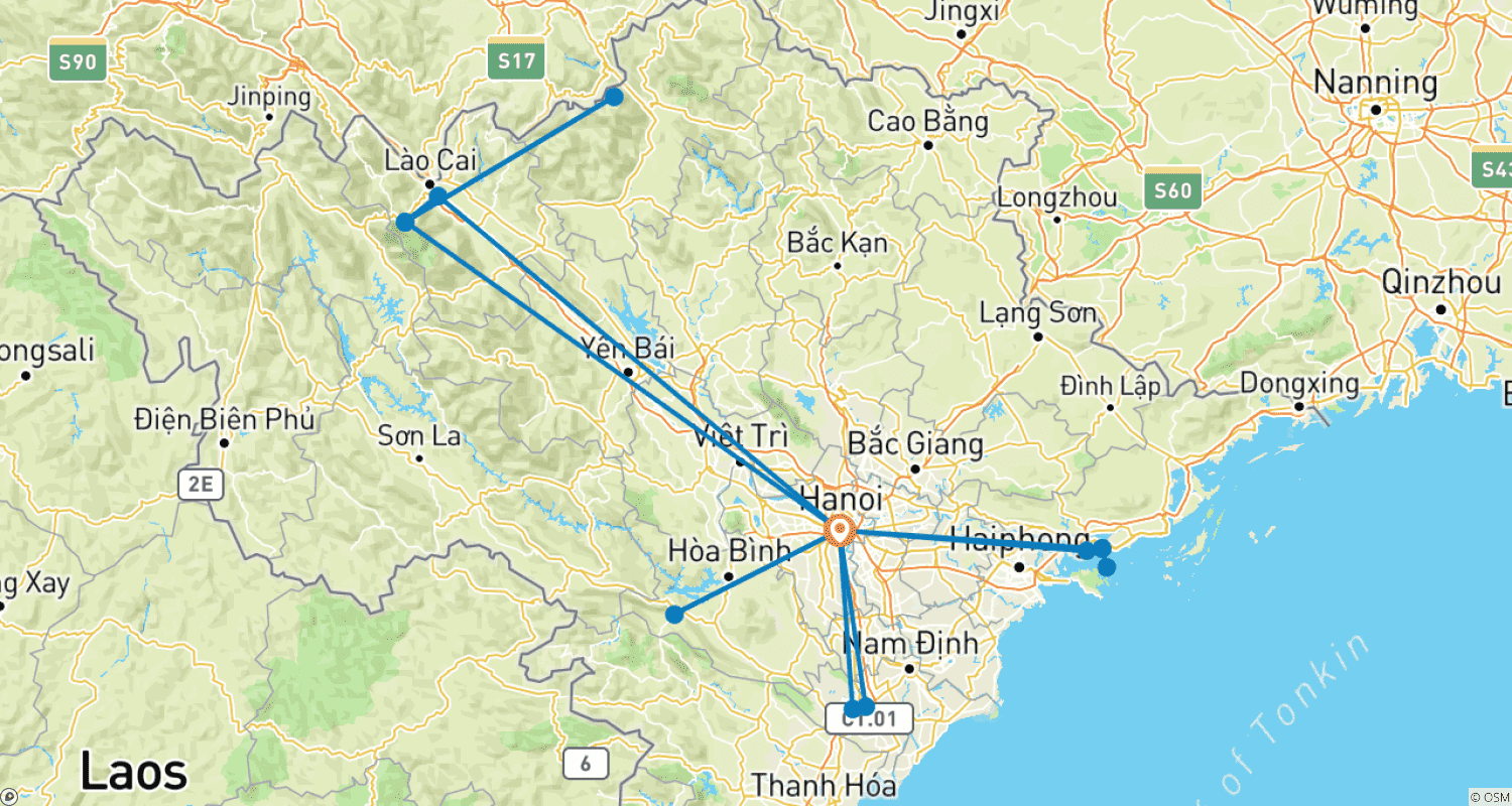 Mapa do percurso de 8 dias: Explore o Norte do Vietnã com Paisagens Maravilhosas