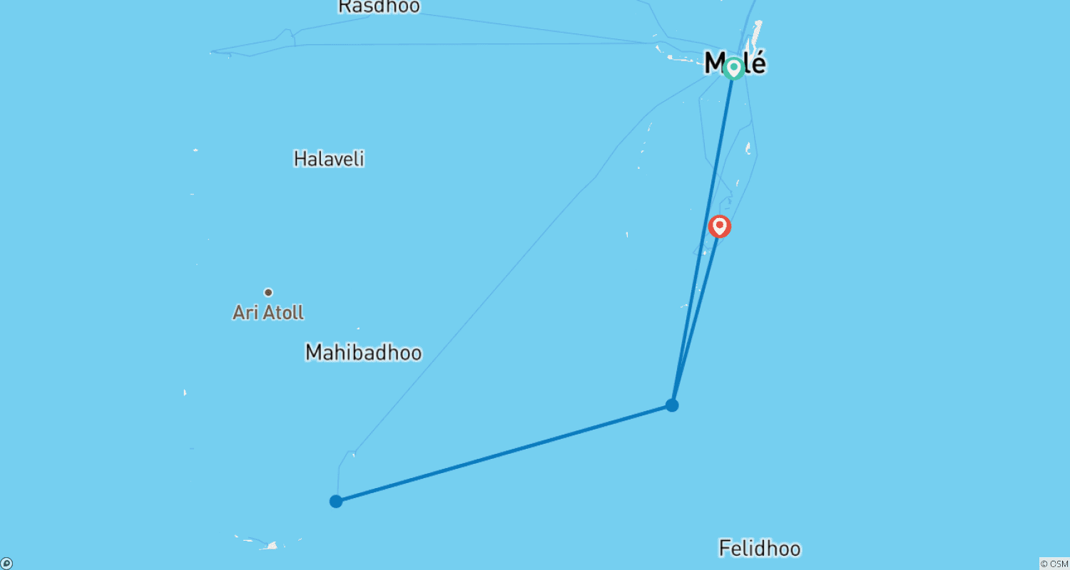 Mapa trasy: Skoki po wyspach na Malediwach! Rekiny wielorybie, manty, wrak statku i wizyta w ośrodku