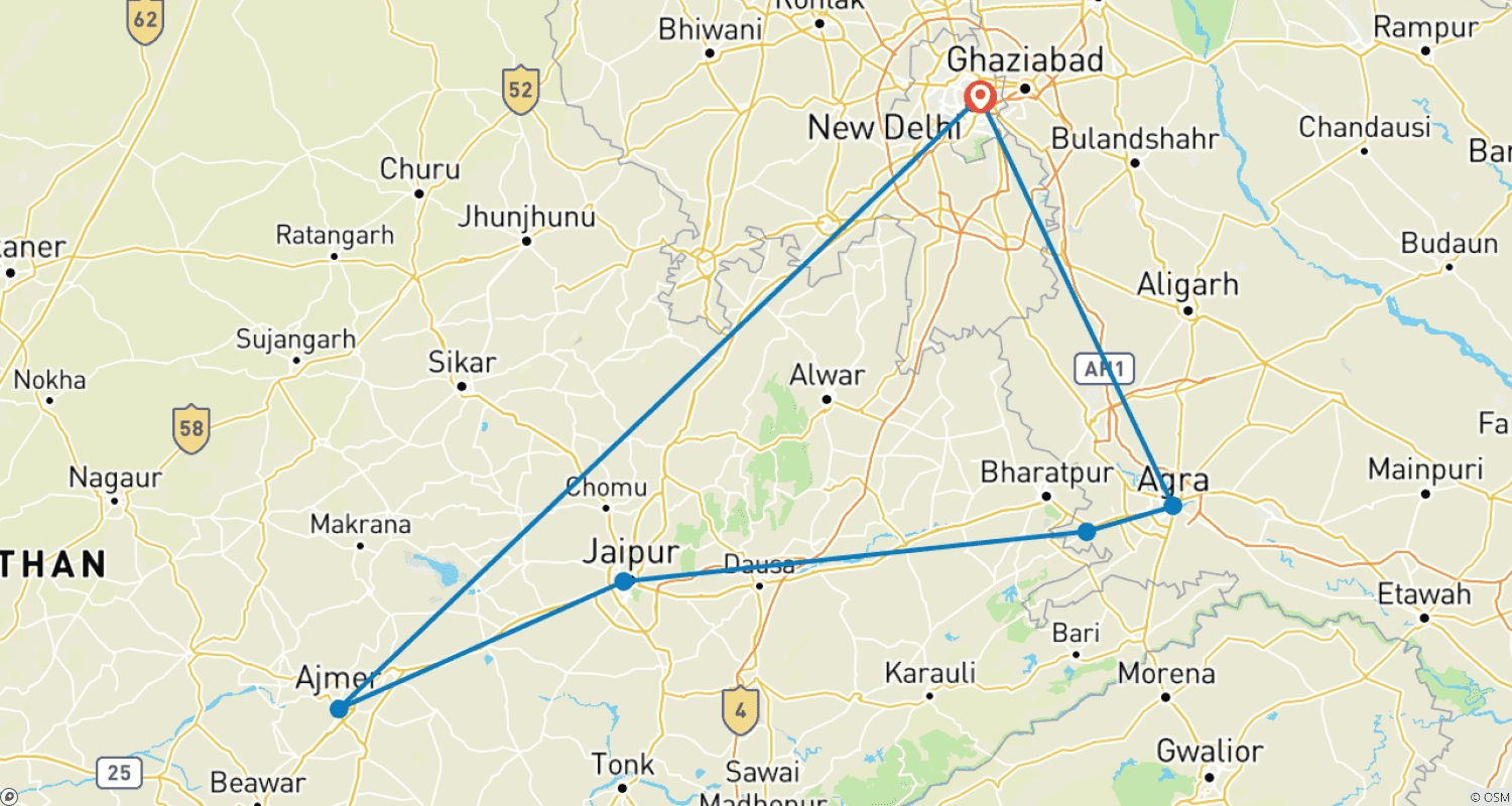 Mapa trasy: Wycieczka po Złotym Trójkącie z Ajmer