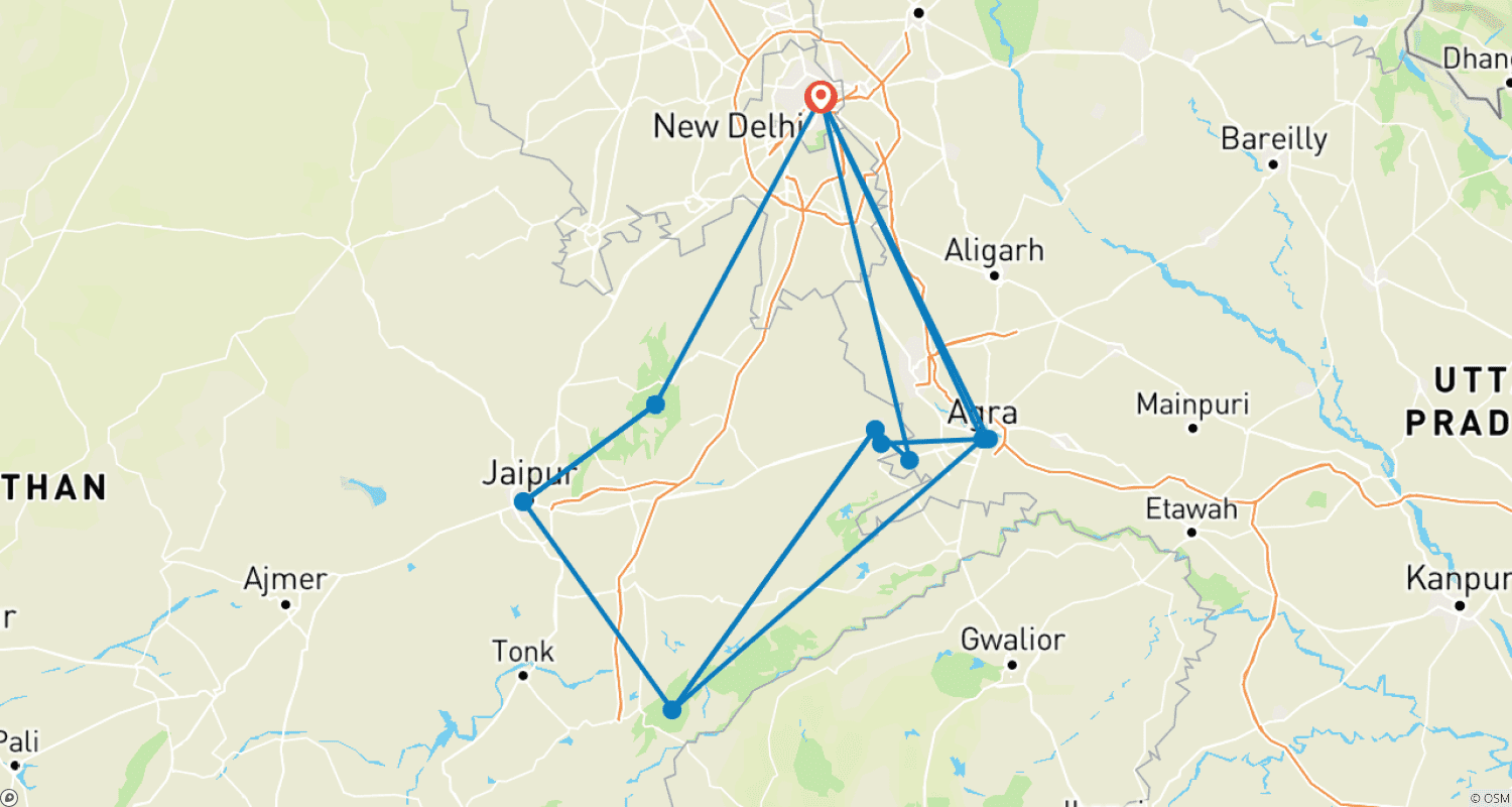 Mapa do percurso de Excursão de 10 Dias pela Vida Selvagem com Jaipur