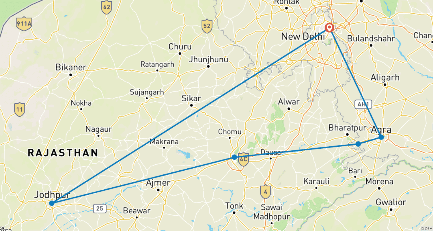 Mapa do percurso de Circuito Triângulo Dourado com Jodhpur