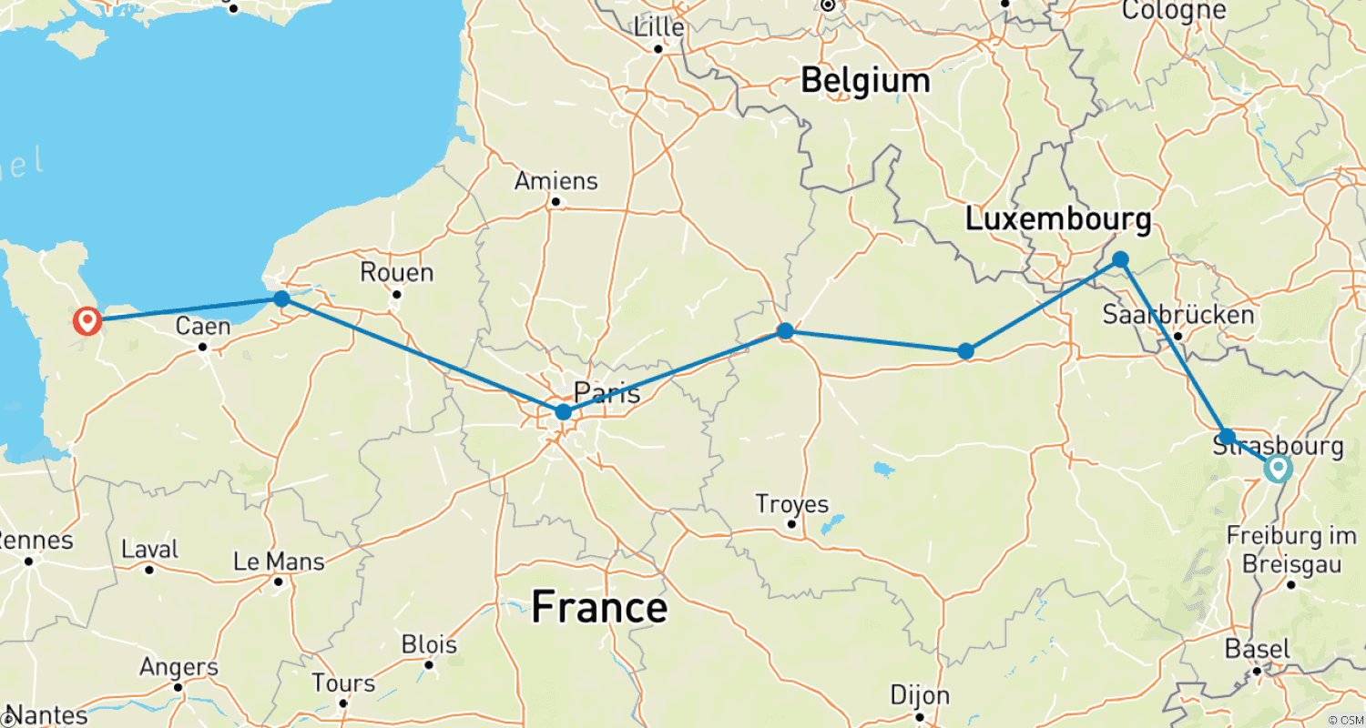 Mapa do percurso de Passeio de motocicleta (guiado) por memoriais e campos de batalha da Primeira e Segunda Guerra Mundial