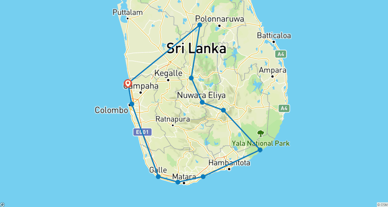 Mapa trasy: Odkryj piękno Sri Lanki — wycieczka w małej grupie 12 dni