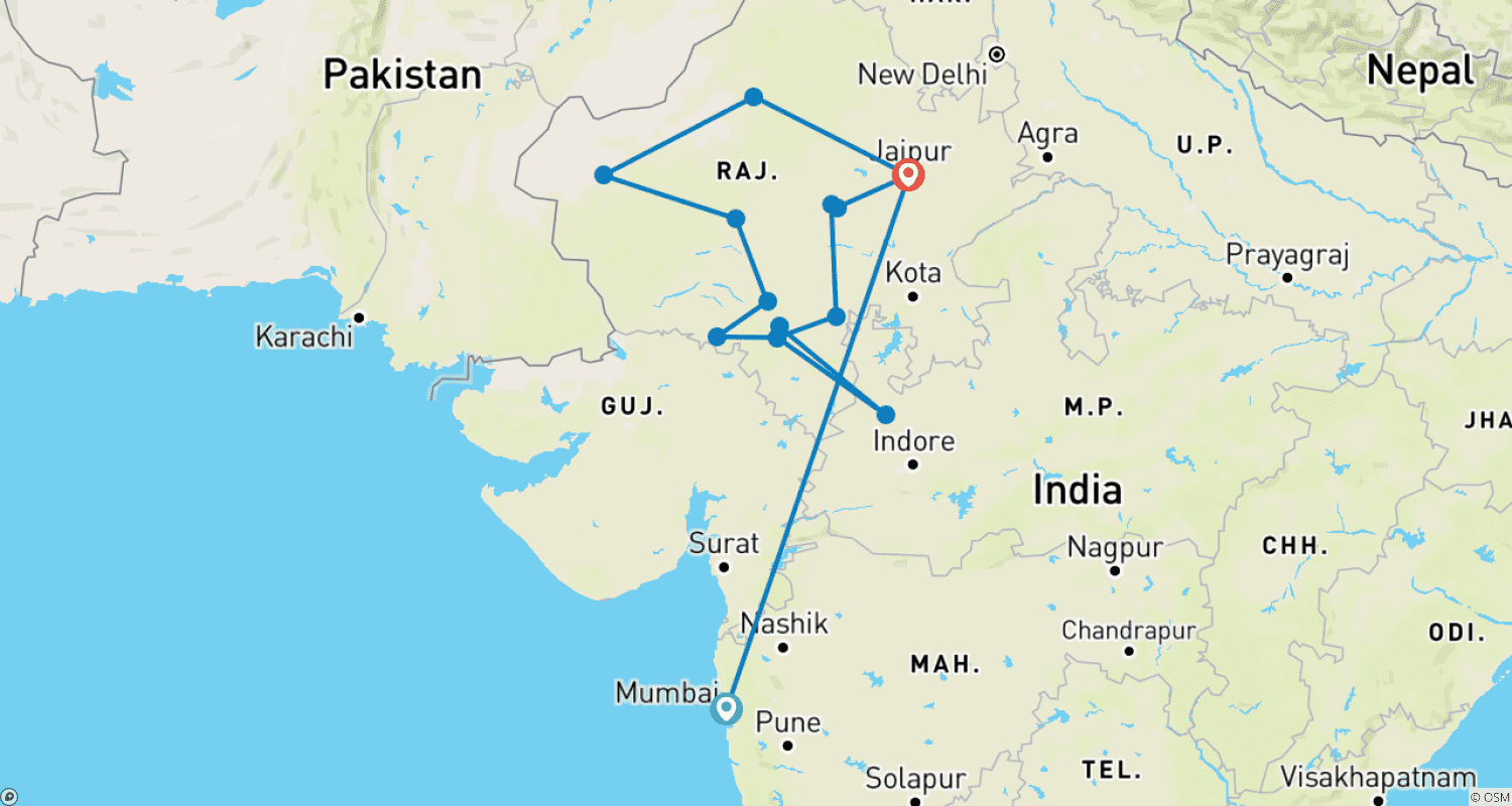 Mapa do percurso de Excursão ao Rajastão com Mumbai