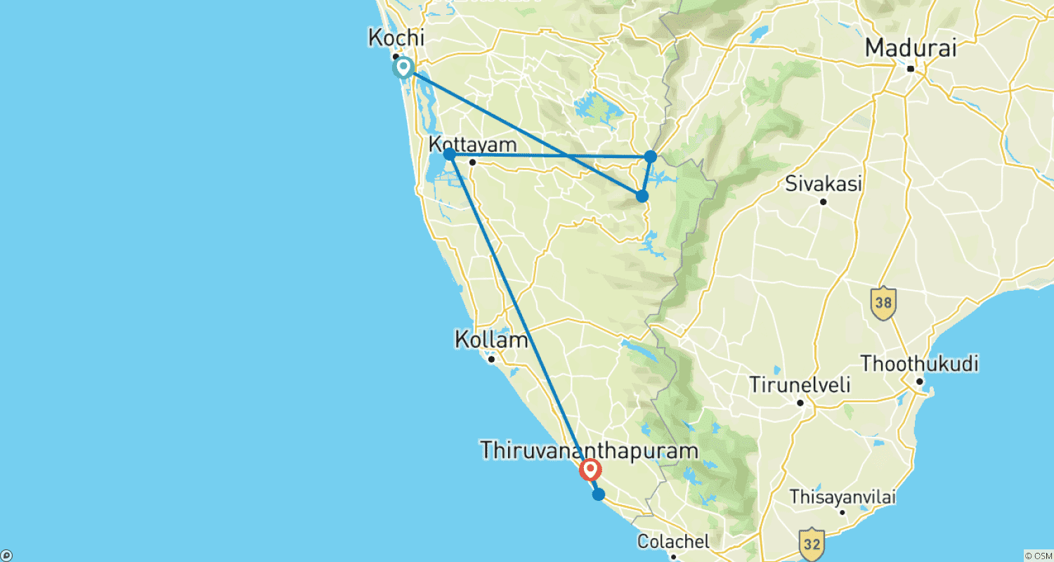 Mapa do percurso de Kerala, o País de Deus