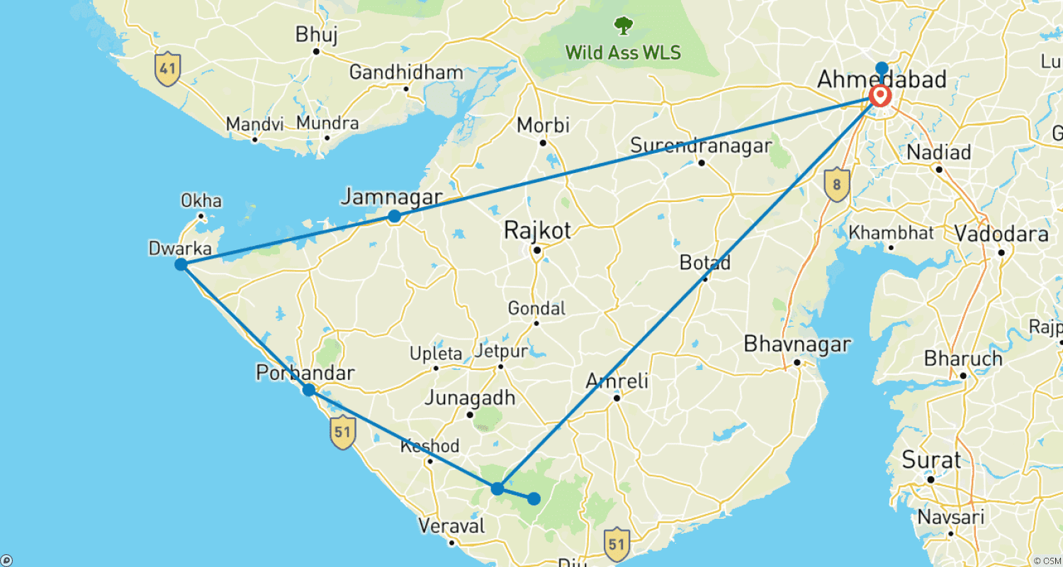 خريطة مسار جولة Sasan Gir مع Somnath Dwarka