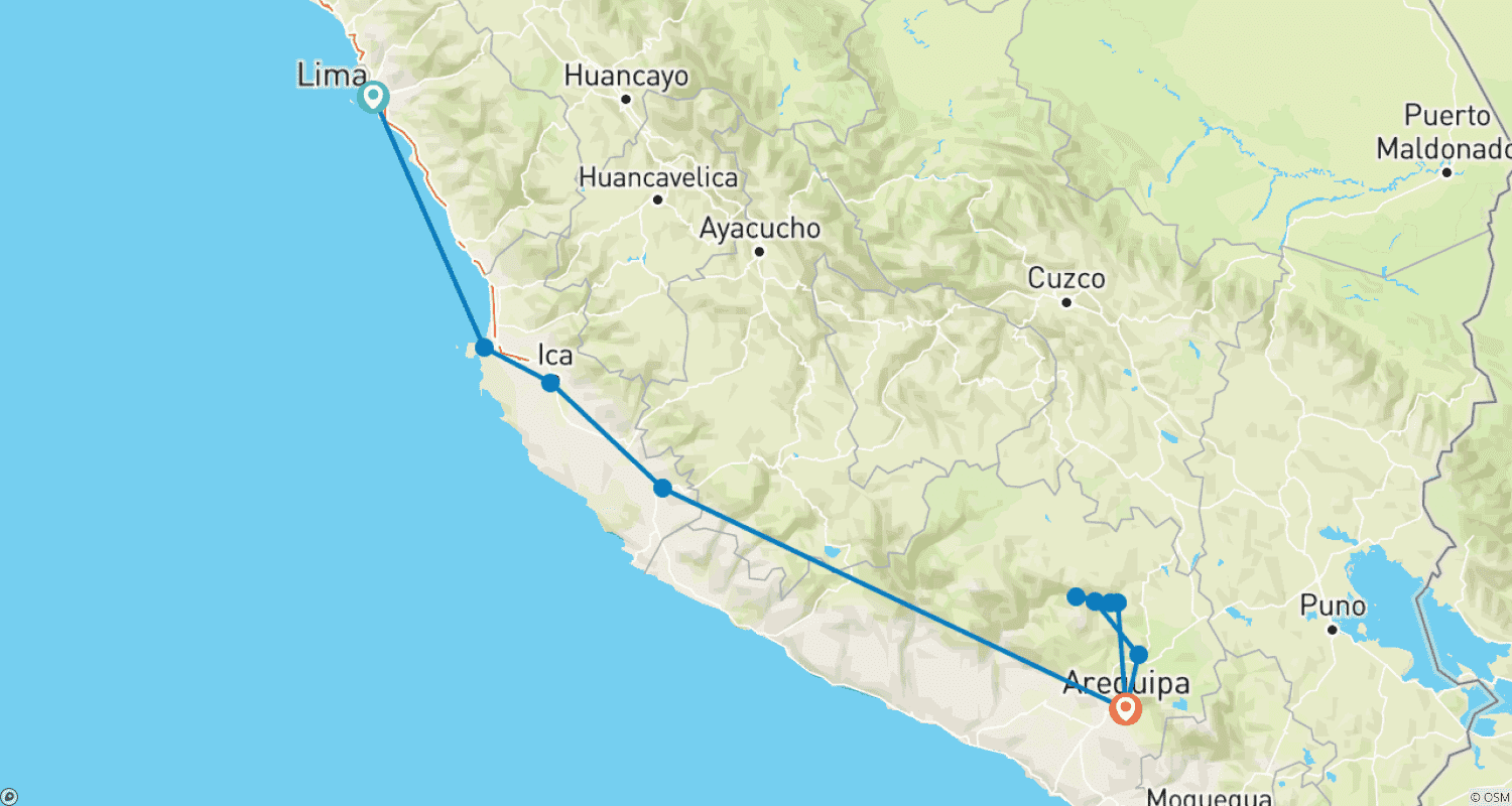 خريطة مسار 8 أيام - وسط وجنوب شرق: ليما - Paracas - Ica - Arequipa