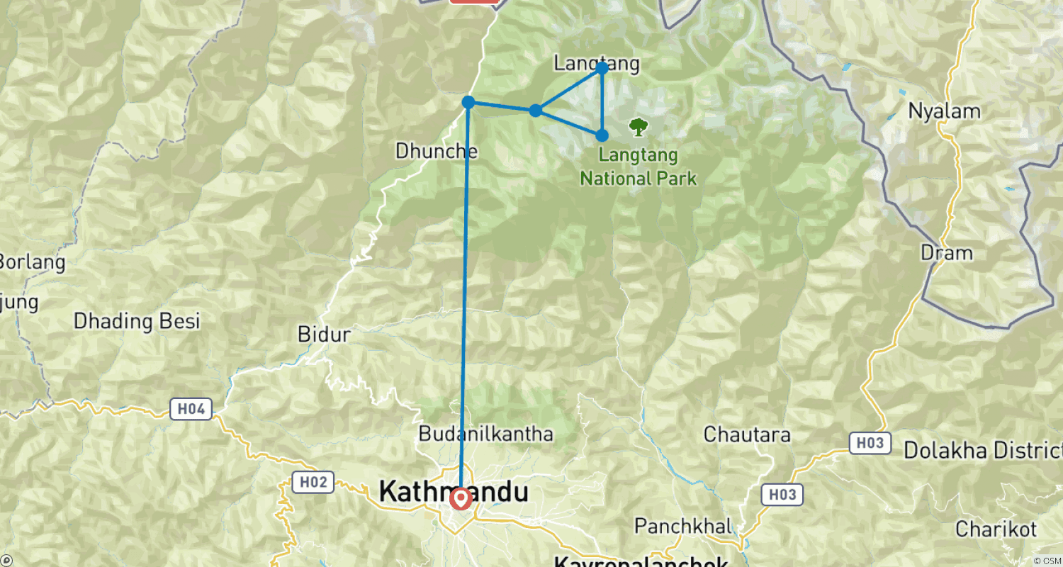 Mapa do percurso de Caminhada pelo Vale de Langtang - 9 Dias