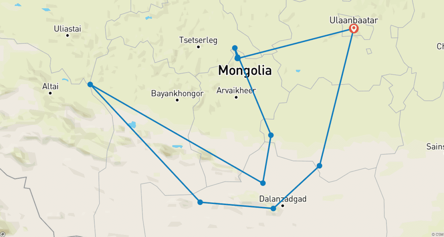 Mapa do percurso de Tour pelo Gobi e a cavalo