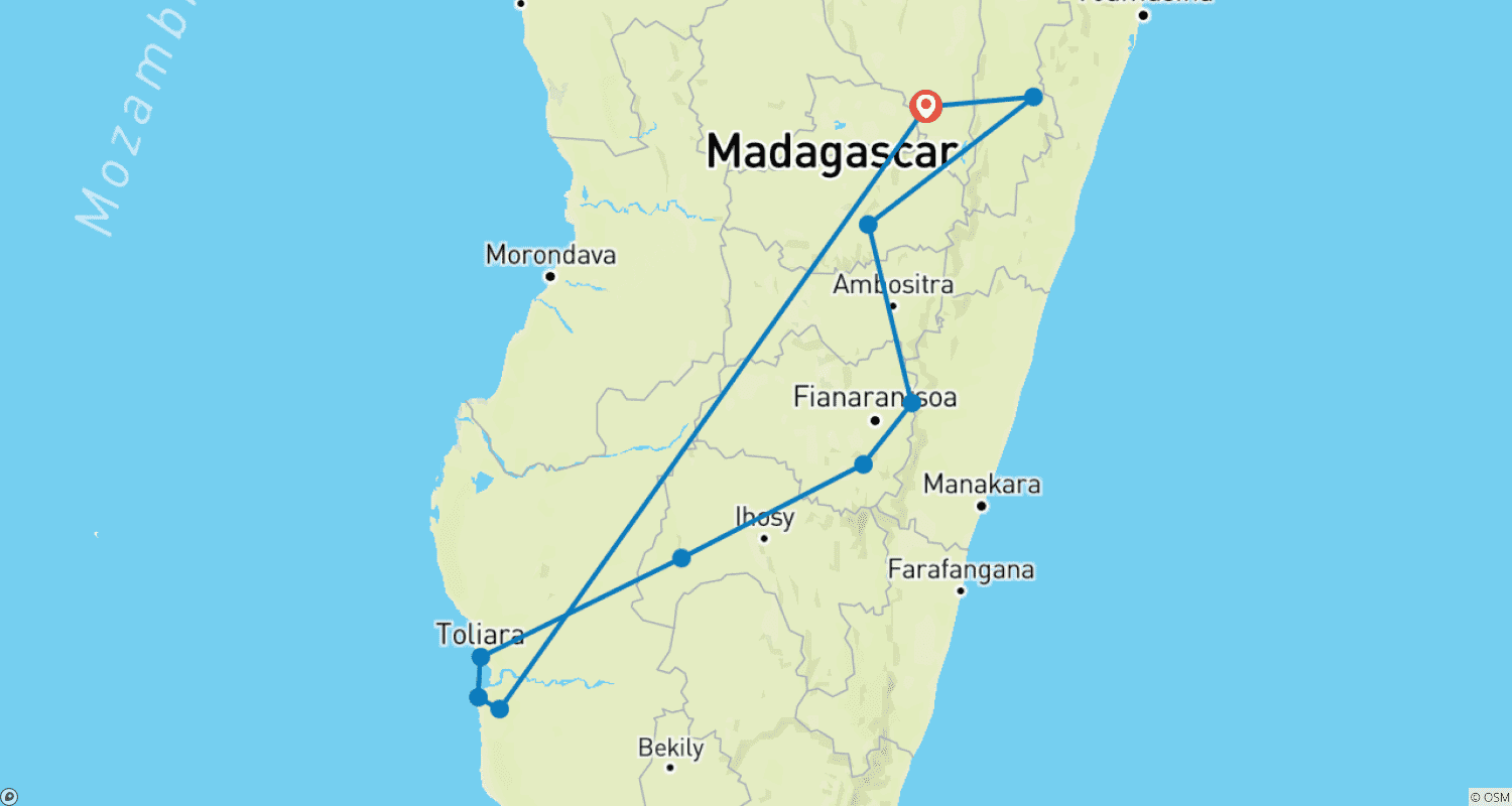 Mapa do percurso de Exploração da Biodiversidade no Oitavo Continente (Viagem em Grupo) - Madagáscar