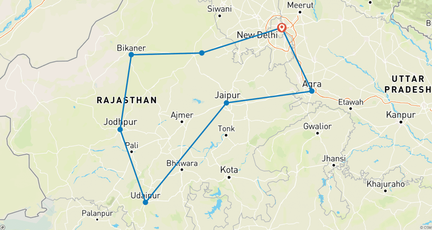 Classic Rajasthan Tour 10 Days With Taj Mahalのルートマップ