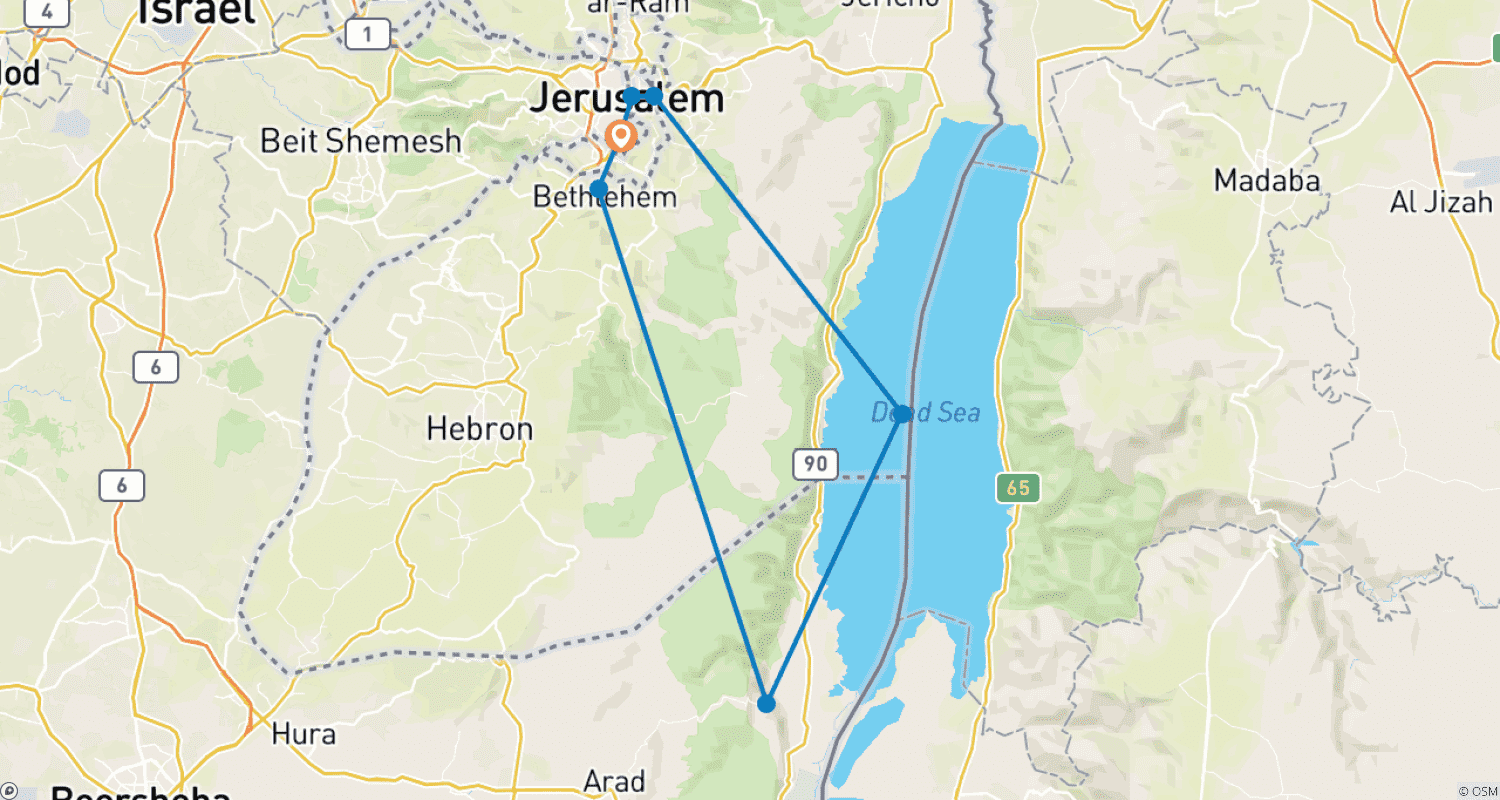 Mapa do percurso de Excursão Cristã por Jerusalém, Belém, Massada e Mar Morto - 3 Dias