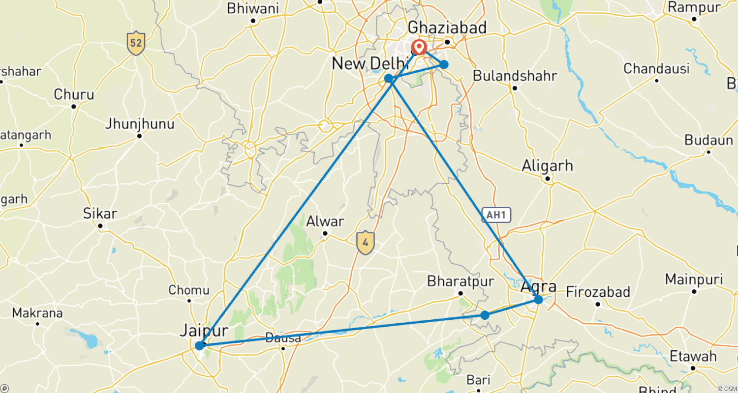 Mapa do percurso de Excursão Privada de 4 Dias ao Triângulo Dourado para Agra e Jaipur saindo de Nova Deli