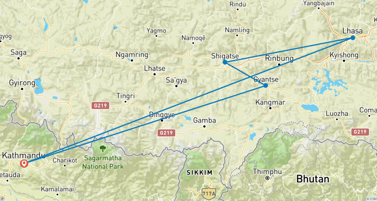 Mapa do percurso de Excursão ao Tibete e Lhasa - 8 Dias