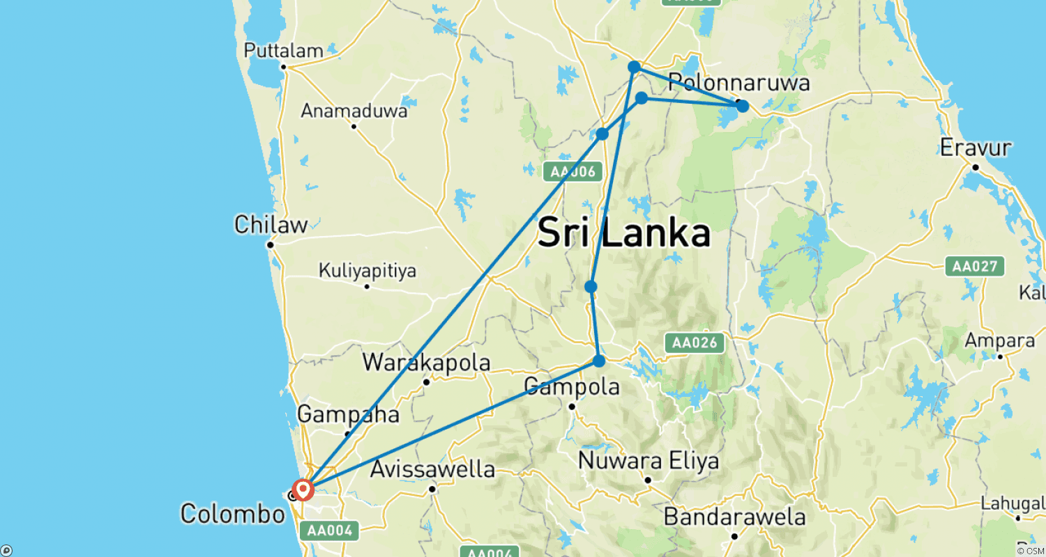 Mapa do percurso de Excursão de 4 Dias: A Essência do Sri Lanka