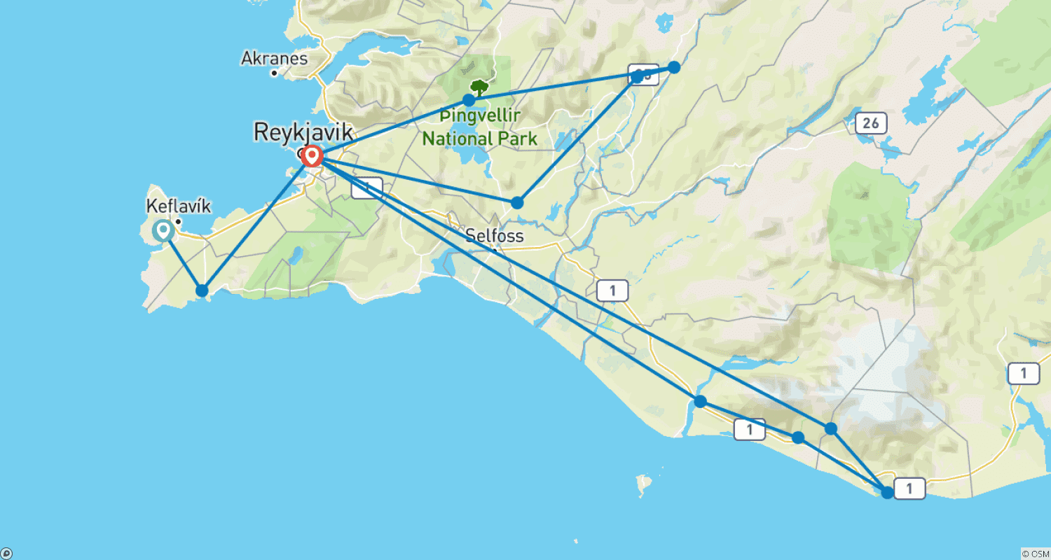 Mapa do percurso de 5 Dias de Carro | Golden Circle, Costa Sul (Inverno)