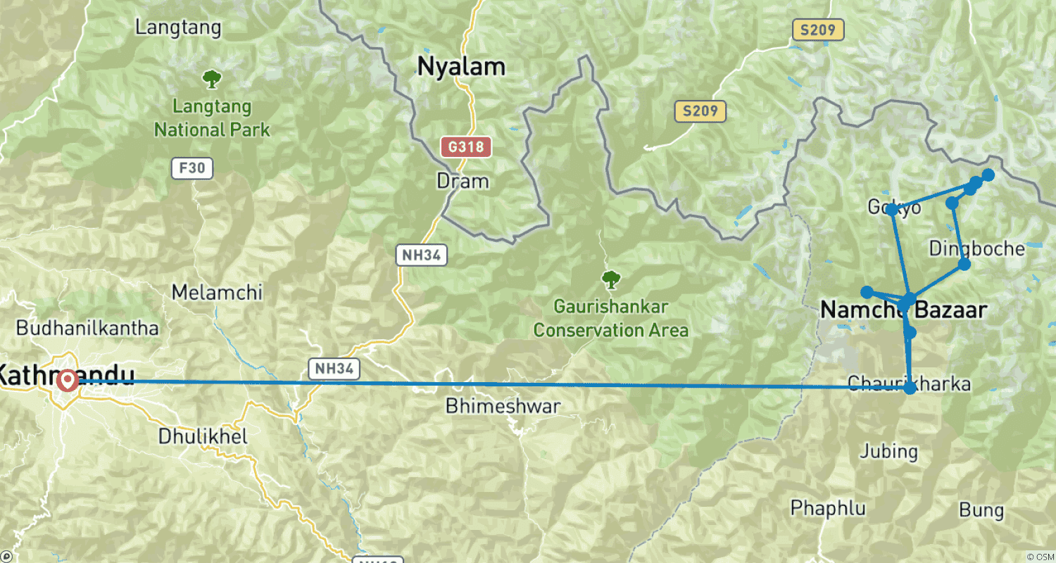Mapa do percurso de Trekking das Três Passagens Altas do Everest - 17 Dias