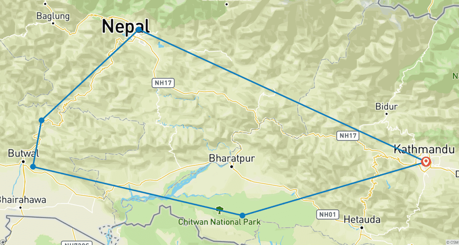 Mapa do percurso de Passeio de Moto no Nepal - 7 Dias